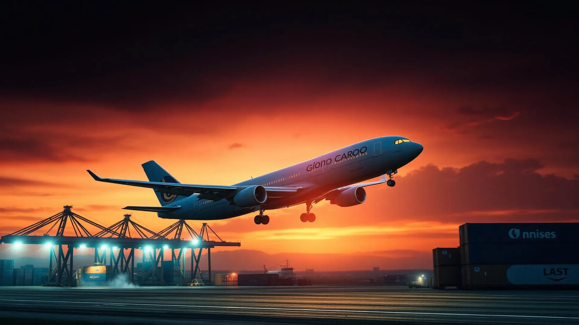 Avião cargueiro decolando ao entardecer sobre terminal portuário