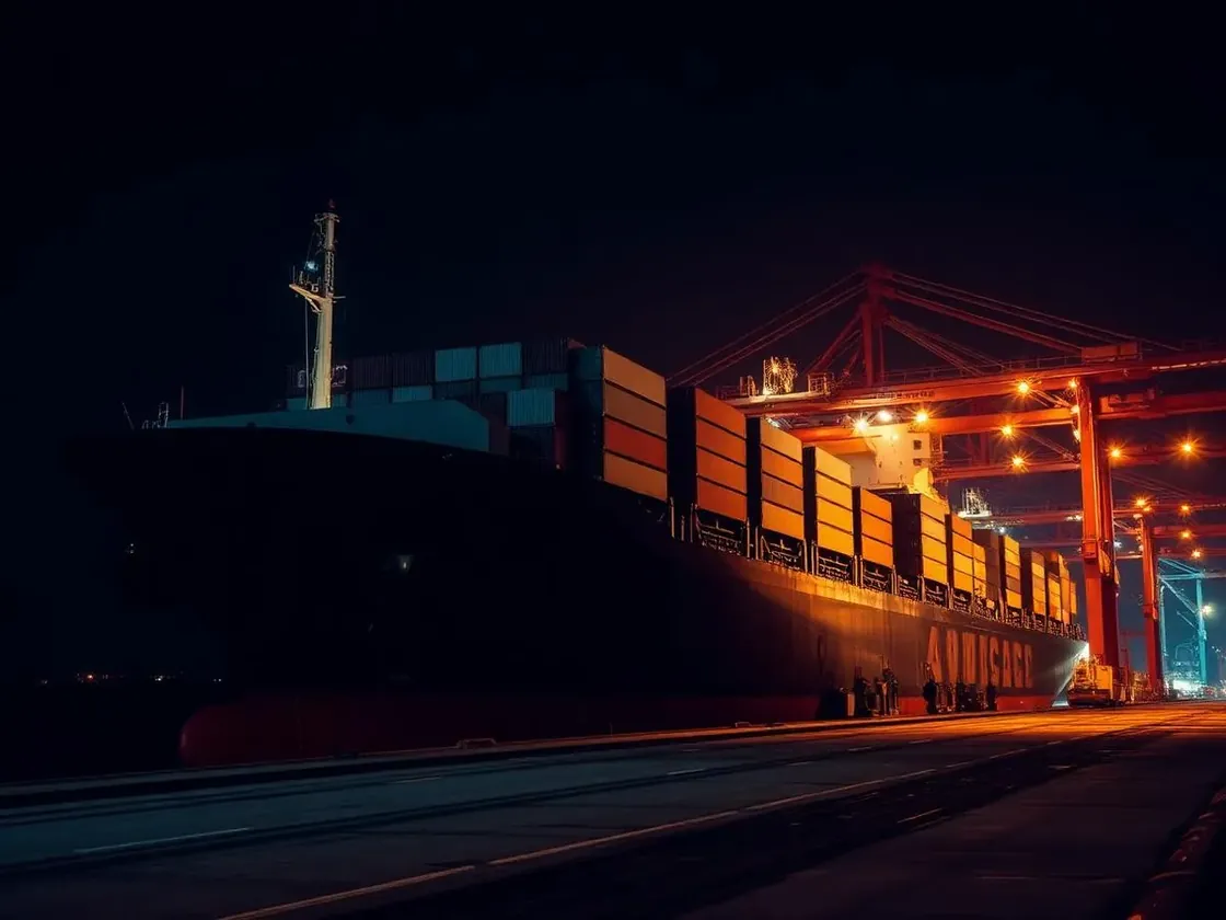 Navio de carga retido no porto sob iluminação noturna